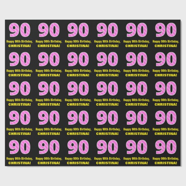 90th Birthday: Pink Stripes and Hearts "90" + Name Wrapping Paper (Flat)