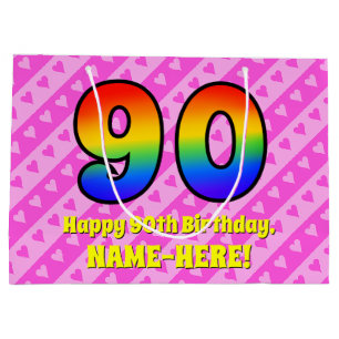 90th Birthday: Pink Stripes & Hearts, Rainbow # 90 Large Gift Bag