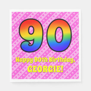 90th Birthday: Pink Stripes & Hearts, Rainbow # 90 Napkin