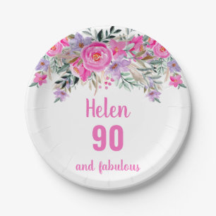 90th birthday pink watercolor floral  paper plate