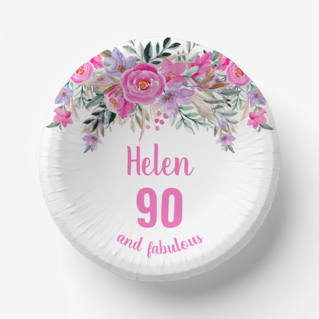 90th birthday pink watercolor floral  paper plate (Front)