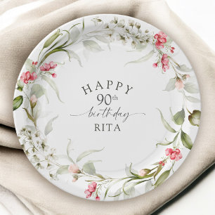 90th Birthday Pink Watercolor Floral Paper Plate