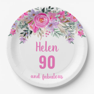 90th birthday pink watercolor floral paper plate