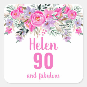 90th birthday pink watercolor floral square sticker