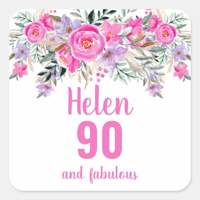 90th birthday pink watercolor floral square sticker (Front)