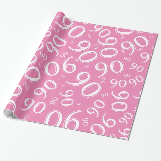 90th Birthday Pink & White Random Number Pattern Wrapping Paper (Unrolled)