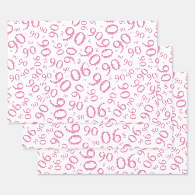 90th Birthday Pink & White Random Number Pattern Wrapping Paper Sheet (Set)