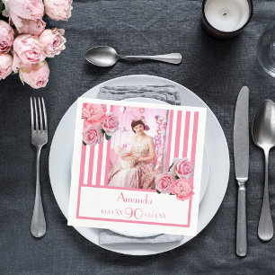 90th birthday pink white stripes floral photo napkin