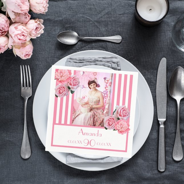 90th birthday pink white stripes floral photo napkin (Creator Uploaded)