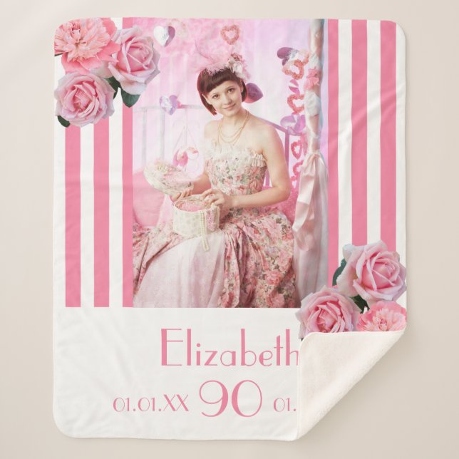 90th birthday pink white stripes florals photo sherpa blanket (Front)