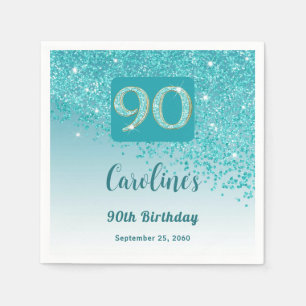 90th Birthday Pretty Teal Blue Glitter Napkins