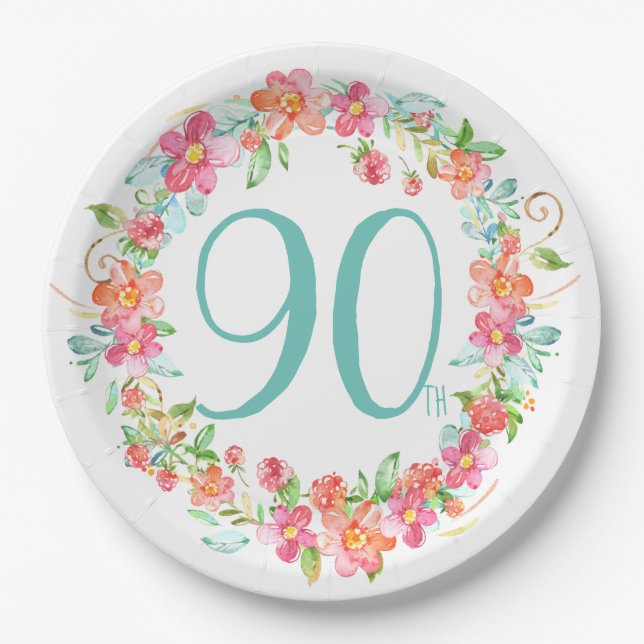 90th birthday pretty watercolor floral party paper plate (Front)