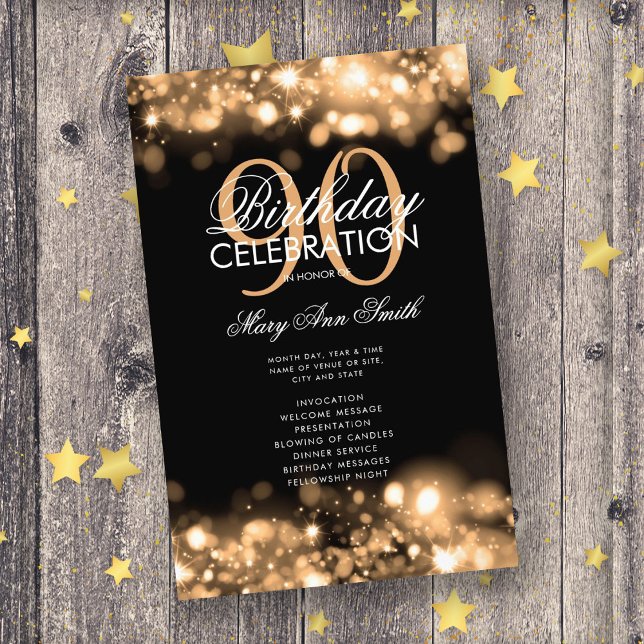 90th Birthday Program Glam Lights Gold Menu (Creator Uploaded)