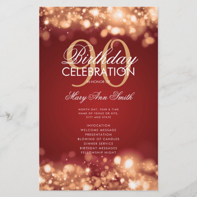 90th Birthday Program Lights Gold Red Menu (Front)