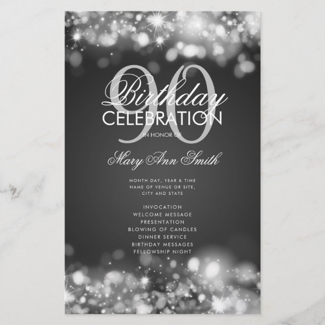 90th Birthday Program Lights Silver Menu (Front)