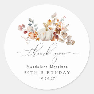 90th Birthday Pumpkin Fall Flower Thank You Classic Round Sticker