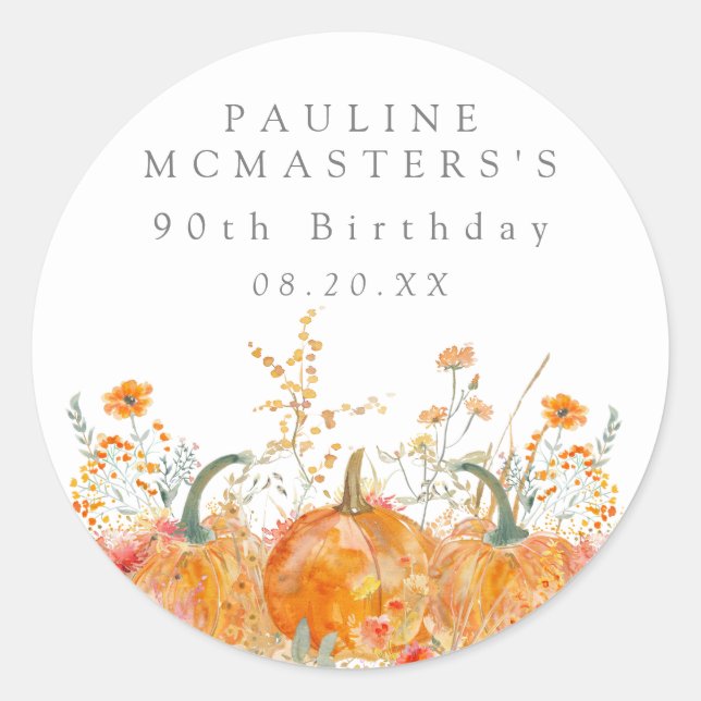 90th Birthday Pumpkin Wildflower Custom Favour Classic Round Sticker (Front)