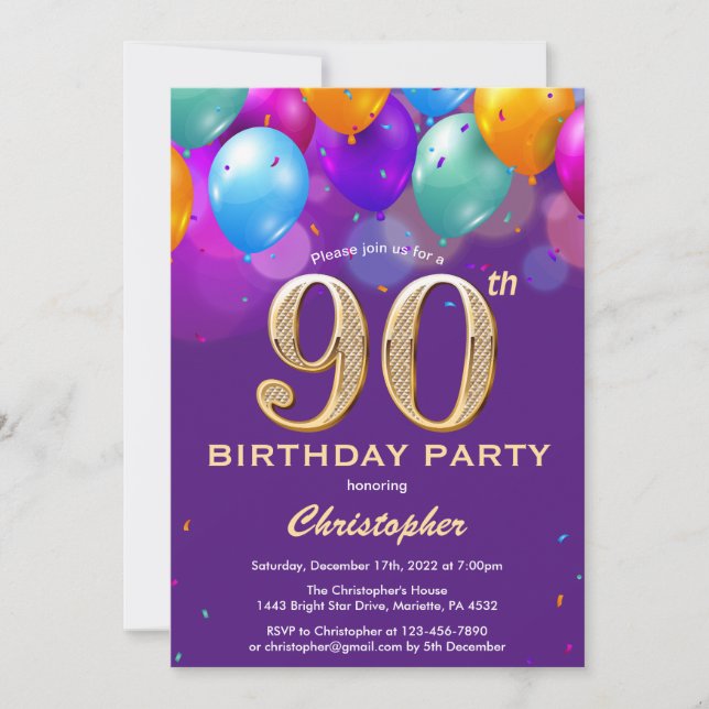 90th Birthday Purple and Gold Colourful Balloons Invitation (Front)