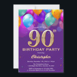 90th Birthday Purple and Gold Colourful Balloons Invitation<br><div class="desc">90th Birthday Purple and Gold Colourful Balloons and Confetti Invitation. For further customisation,  please click the "Customise it" button and use our design tool to modify this template.</div>