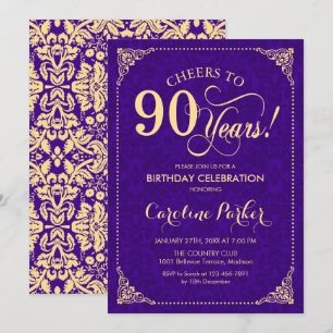 90th Birthday - Purple Gold Damask Invitation