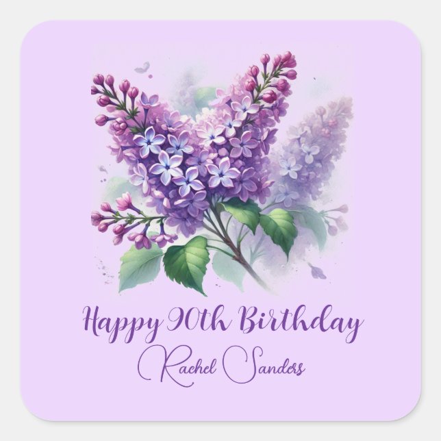90th Birthday Purple Lilac Flowers Spring Square Sticker (Front)