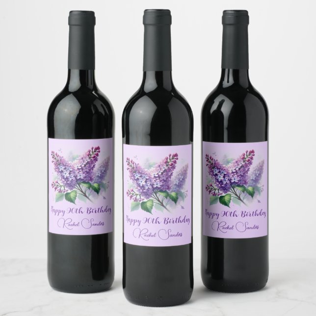 90th Birthday Purple Lilac Flowers Spring Wine Label (Bottles)