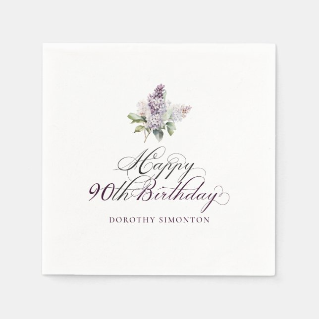 90th Birthday Purple Lilac Spring Flower Cocktail Napkin (Front)