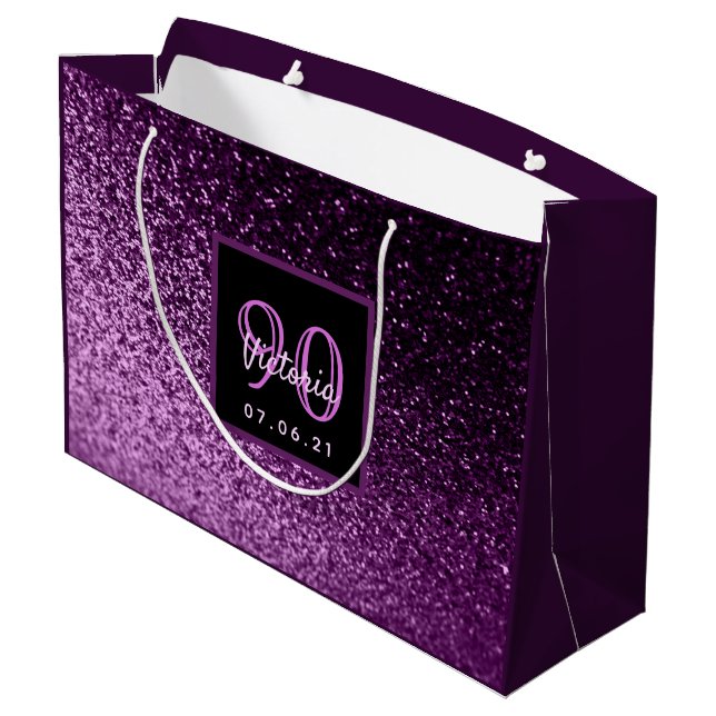 90th Birthday purple pink glitter Large Gift Bag (Back Angled)