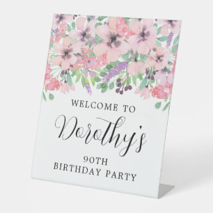 90th Birthday Purple Pink Wildflower Welcome Pedestal Sign