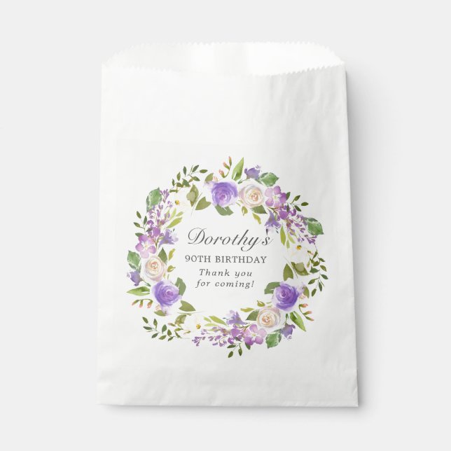 90th Birthday Purple Rose Floral Eucalyptus Wreath Favour Bags (Front)
