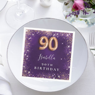 90th birthday purple rose gold name napkin