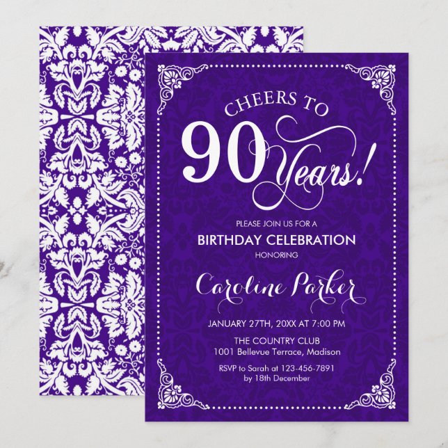 90th Birthday - Purple White Damask Invitation (Front/Back)