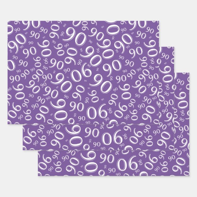 90th Birthday Purple & White Random Number Pattern Wrapping Paper Sheet (Set)
