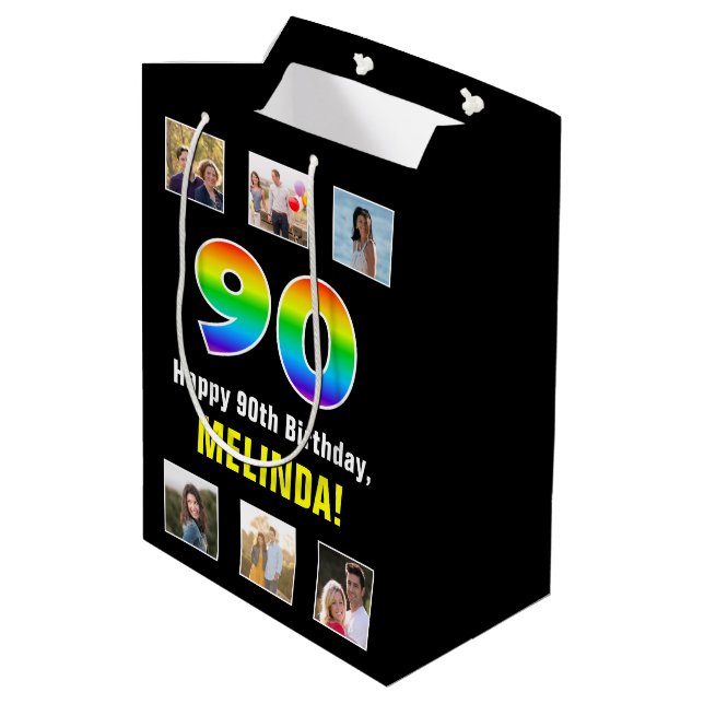 90th Birthday: Rainbow “90“, Custom Photos & Name Medium Gift Bag (Back Angled)