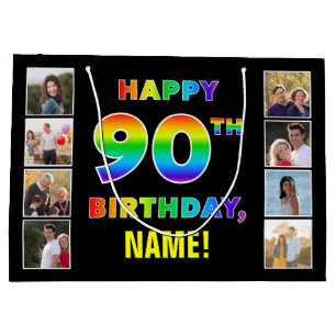 90th Birthday: Rainbow Text, Custom Photos & Name Large Gift Bag