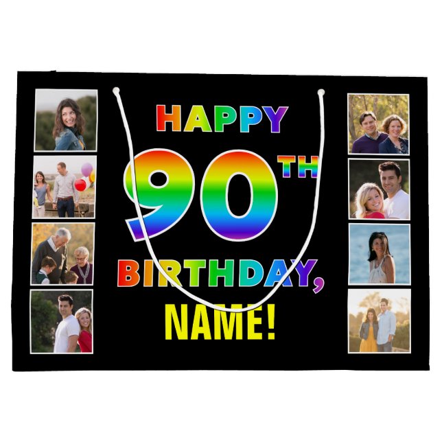 90th Birthday: Rainbow Text, Custom Photos & Name Large Gift Bag (Back)