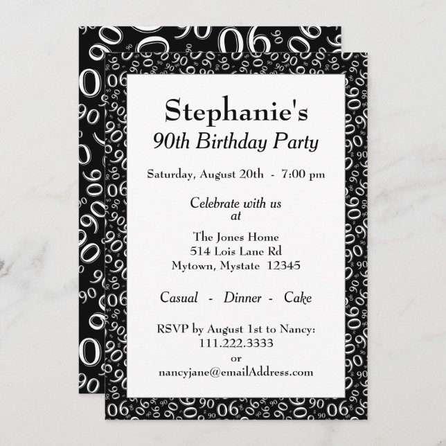 90th Birthday Random Number Pattern Black/White Invitation (Front/Back)