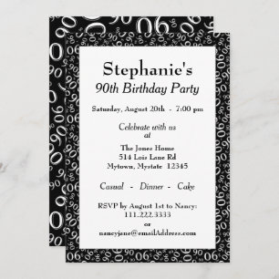 90th Birthday Random Number Pattern Black/White Invitation