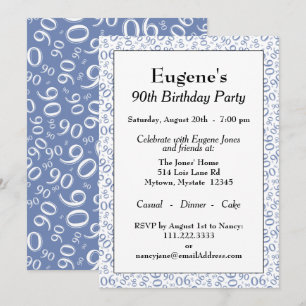 90th Birthday Random Number Pattern Blue/White Invitation
