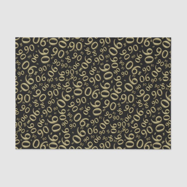 90th Birthday Random Number Pattern Gold/Black Tissue Paper (Front)