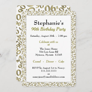90th Birthday Random Number Pattern Gold/White Invitation