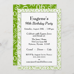 90th Birthday Random Number Pattern Green/White Invitation