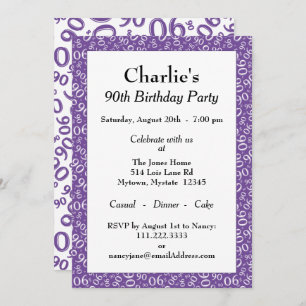 90th Birthday Random Number Pattern Purple/White Invitation