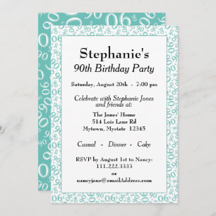 90th Birthday Random Number Pattern Teal/White Invitation