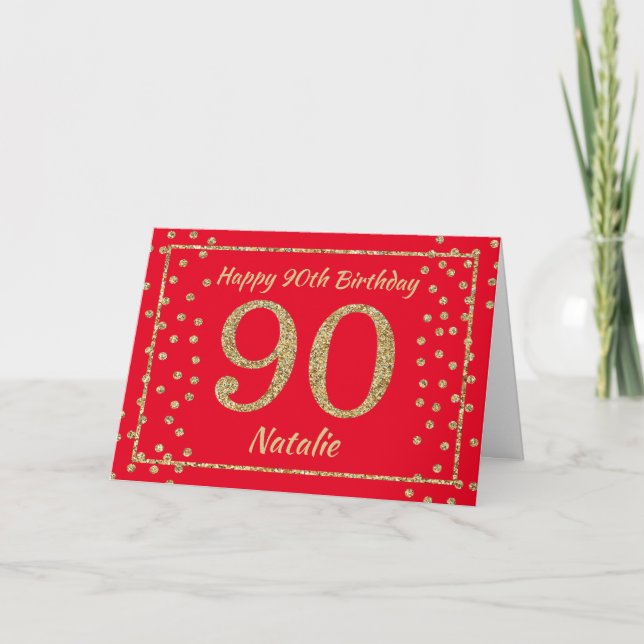 90th Birthday Red and Gold Glitter Confetti Card (Front)