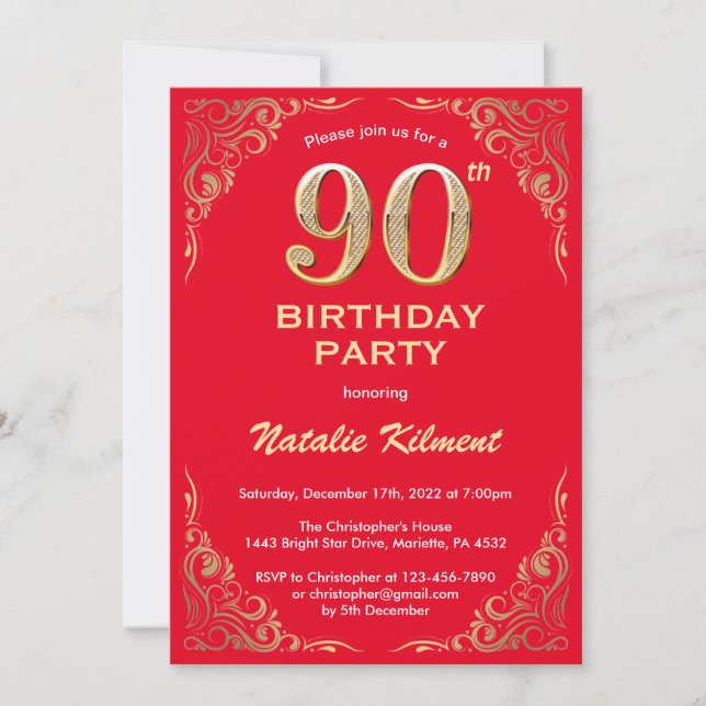90th Birthday Red and Gold Glitter Frame Invitation (Front)