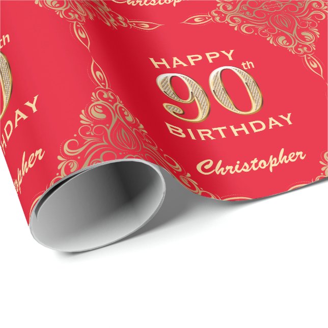 90th Birthday Red and Gold Glitter Frame Wrapping Paper (Roll Corner)