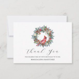 90th Birthday Red Cardinal Wreath Custom Flat Thank You Card