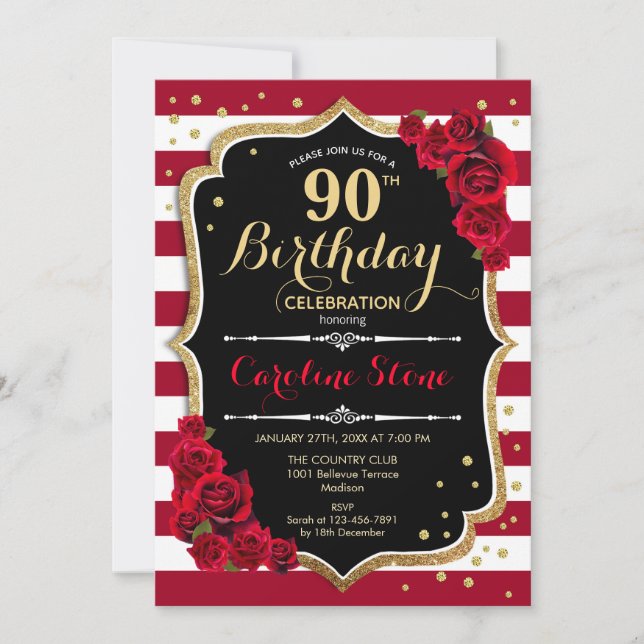 90th Birthday - Red Gold Black White Stripes Roses Invitation (Front)