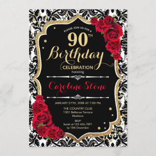 90th Birthday - Red Roses Gold Black Damask Invitation